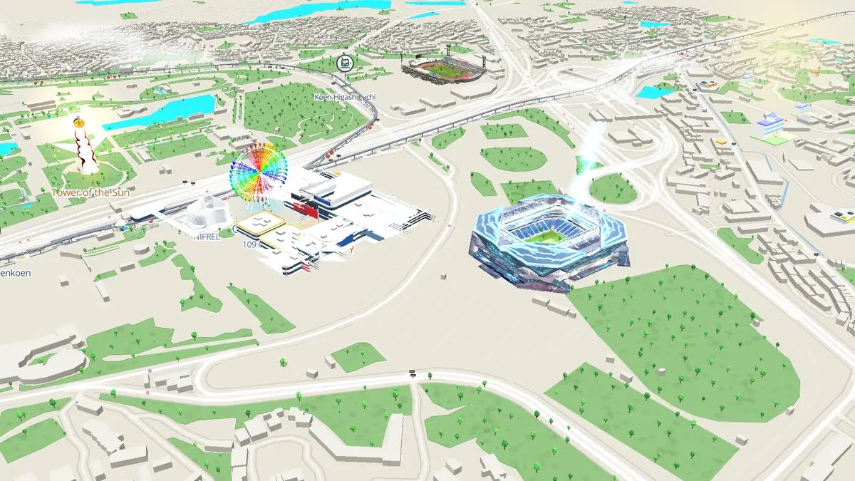 EXPOCITY's Ferris wheel and Panasonic Stadium Suita, with the Tower of the Sun behind
