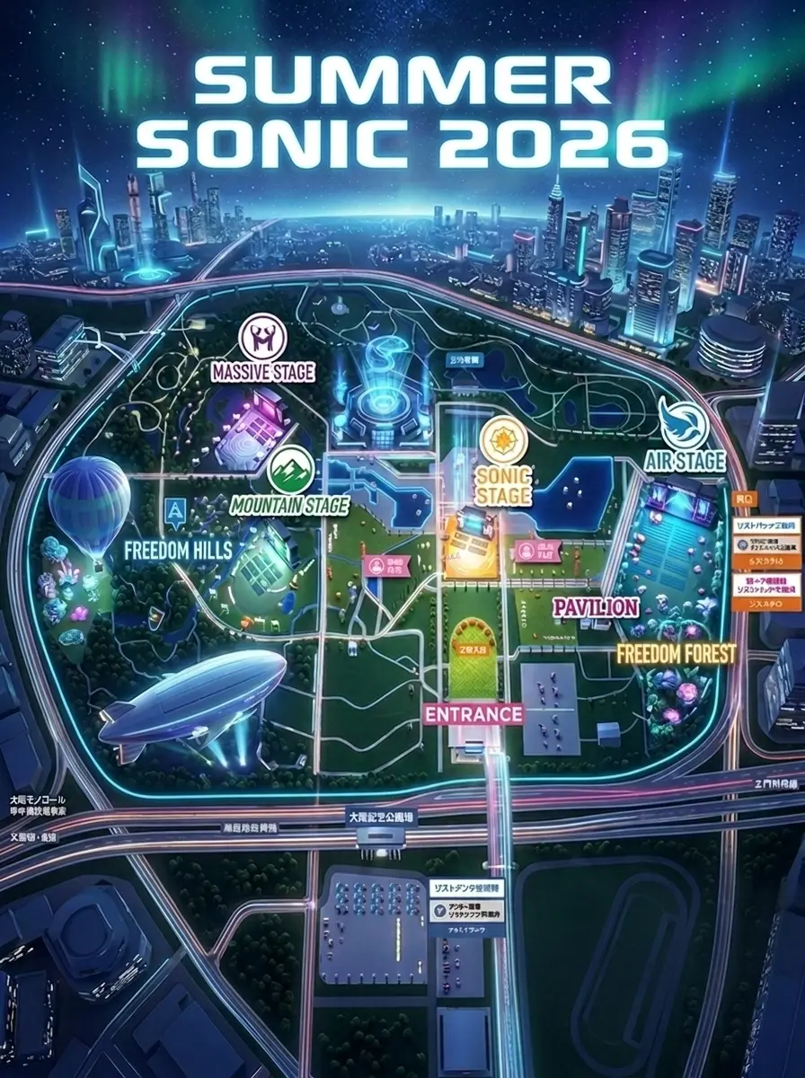 Illustrated 2026 area map of the Summer Sonic Osaka site in Expo '70 Commemorative Park, showing stage areas, the entrance, and the Osaka Monorail station to the south.